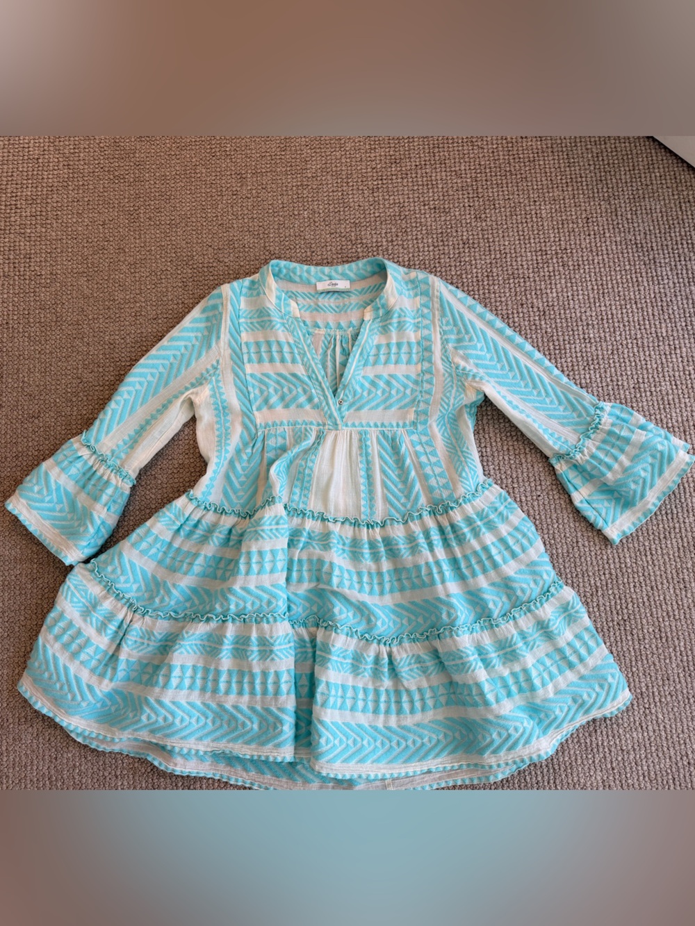 Devotion TWINS Aqua and White Embroidered Peasant Dress